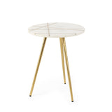 Vivienne 16.0L x 16.0W x 19.0H White Marble W/Antique Gold Metal Round Small Side Table by Mercana at Eve Furniture