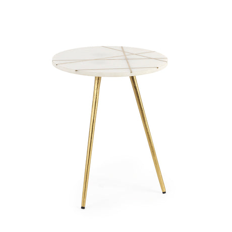 Vivienne White Marble W/Antique Gold Metal Round Small Side Table by Mercana at Eve Furniture