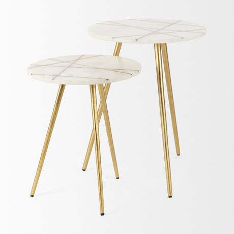 Vivienne White Marble W/Antique Gold Metal Round Small Side Table by Mercana at Eve Furniture