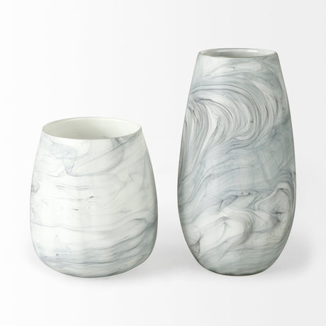 Volta I Short Gray Cream Glass Abstract Pattern Vase by Mercana at Eve Furniture