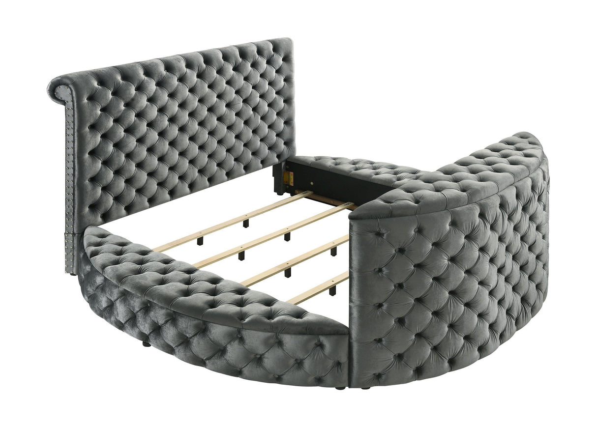 Voltare Gray King Upholstered Fireplace Bed with TV Lift by Crown Mark at Eve Furniture