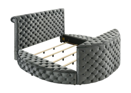Voltare Gray King Upholstered Fireplace Bed with TV Lift by Crown Mark at Eve Furniture