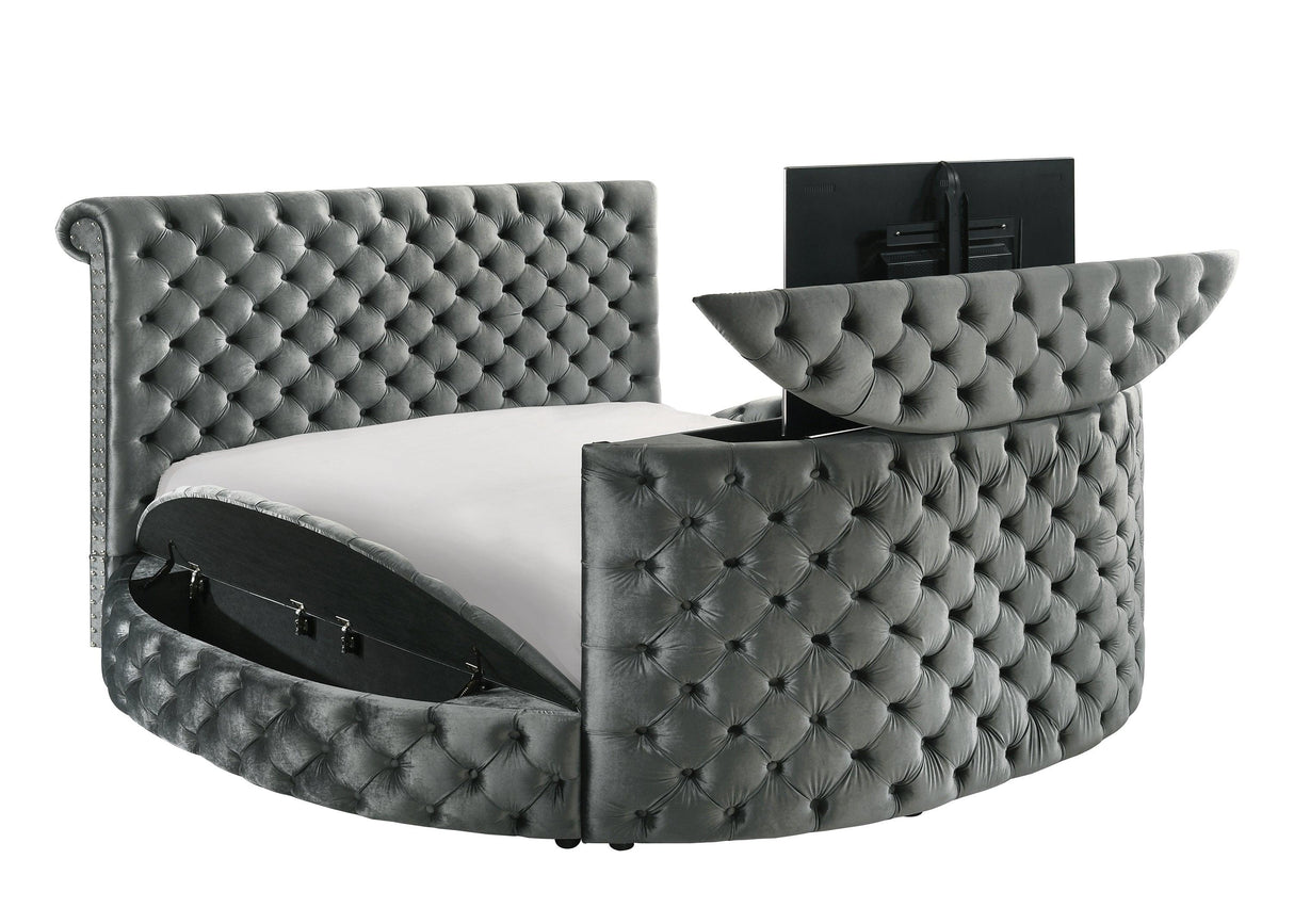 Voltare Gray King Upholstered Fireplace Bed with TV Lift by Crown Mark at Eve Furniture
