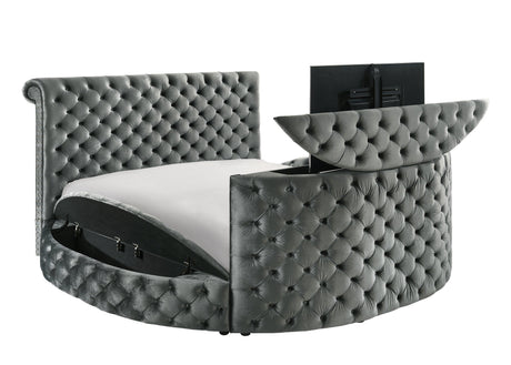 Voltare Gray King Upholstered Fireplace Bed with TV Lift by Crown Mark at Eve Furniture