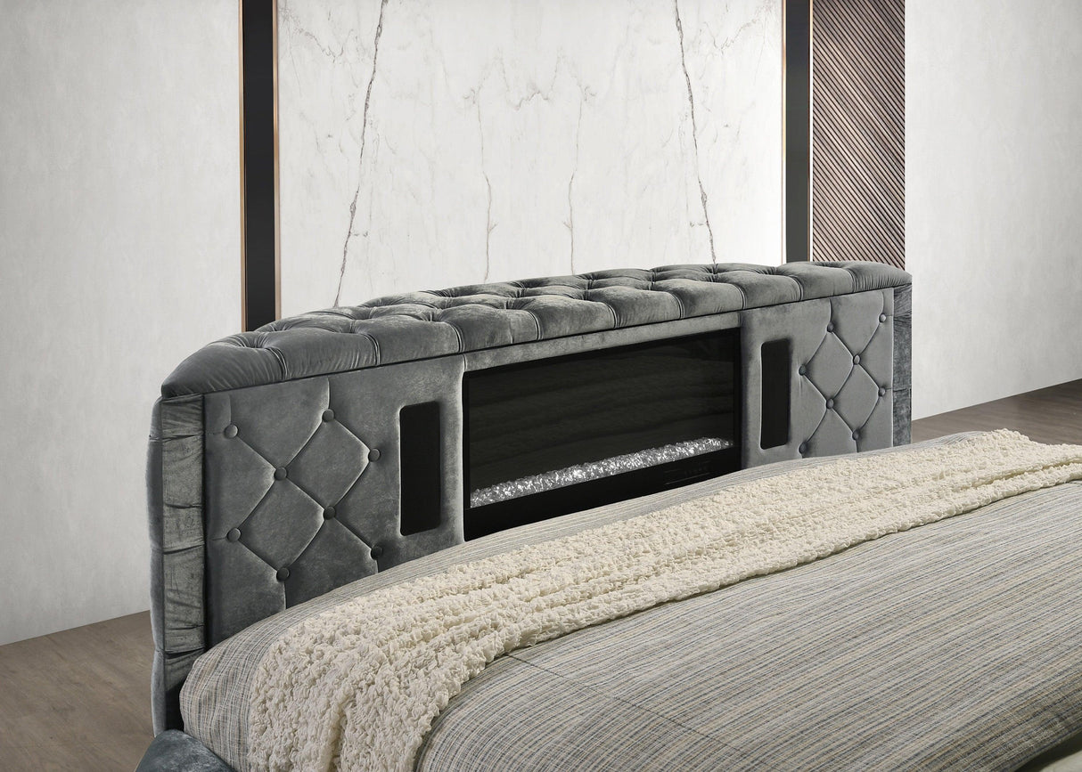 Voltare Gray King Upholstered Fireplace Bed with TV Lift by Crown Mark at Eve Furniture