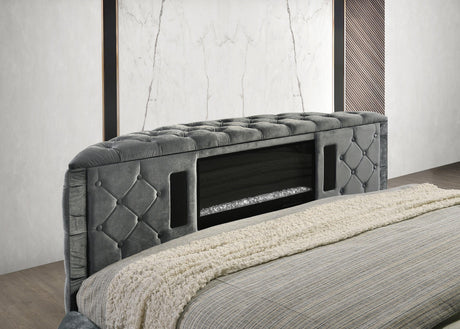 Voltare Gray King Upholstered Fireplace Bed with TV Lift by Crown Mark at Eve Furniture