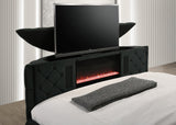 Voltare Black King Upholstered Fireplace Bed with TV Lift by Crown Mark at Eve Furniture