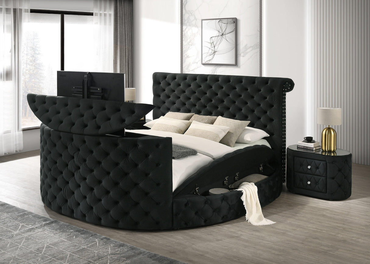 Voltare Black Queen Upholstered Fireplace Bed with TV Lift by Crown Mark at Eve Furniture