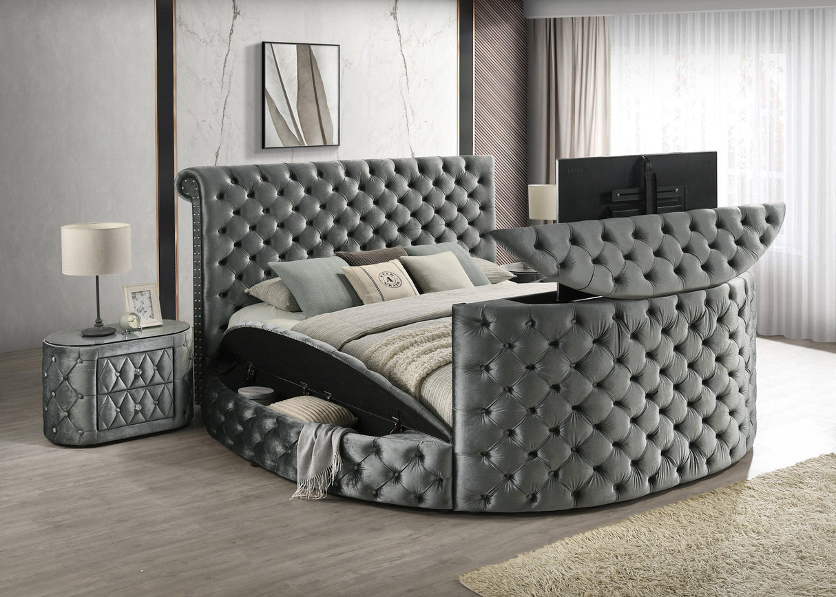 Voltare Gray King Upholstered Fireplace Bed with TV Lift by Crown Mark at Eve Furniture