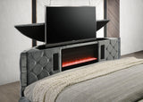 Voltare Gray King Upholstered Fireplace Bed with TV Lift by Crown Mark at Eve Furniture