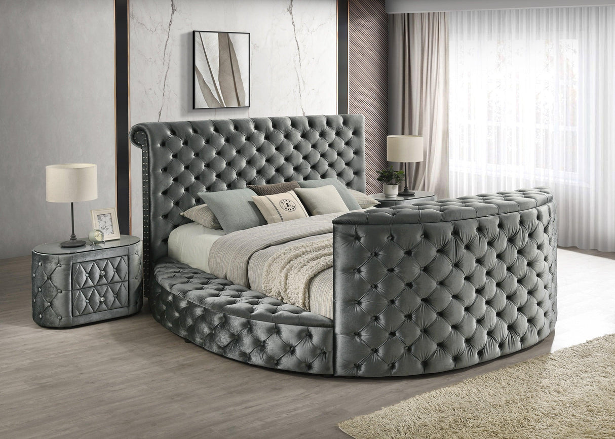 Voltare Gray King Upholstered Fireplace Bed with TV Lift by Crown Mark at Eve Furniture