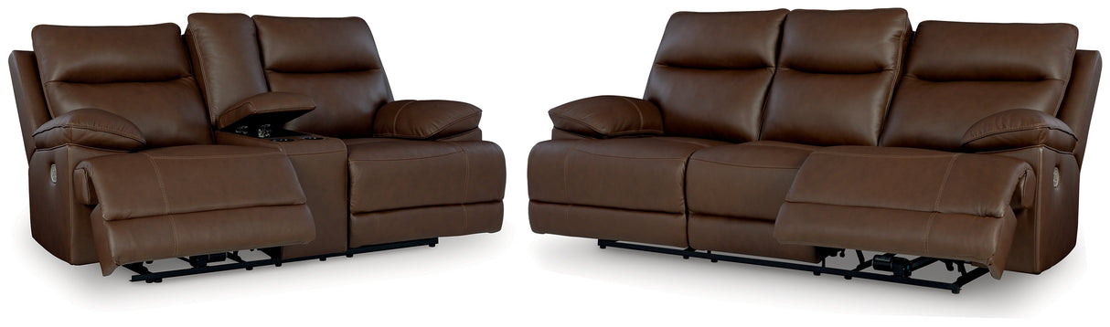 VonRyan Tobacco Dual Power Leather Reclining Sofa and Loveseat by Ashley at Eve Furniture