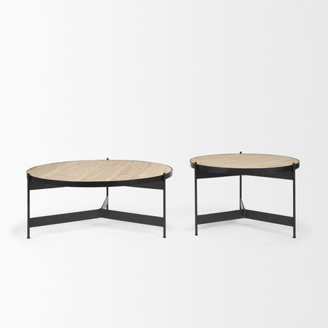Wade Travertine Marble w/ Matte Black Metal Coffee Tables by Mercana at Eve Furniture