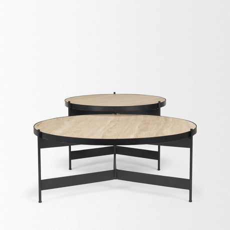 Wade Travertine Marble w/ Matte Black Metal Coffee Tables by Mercana at Eve Furniture