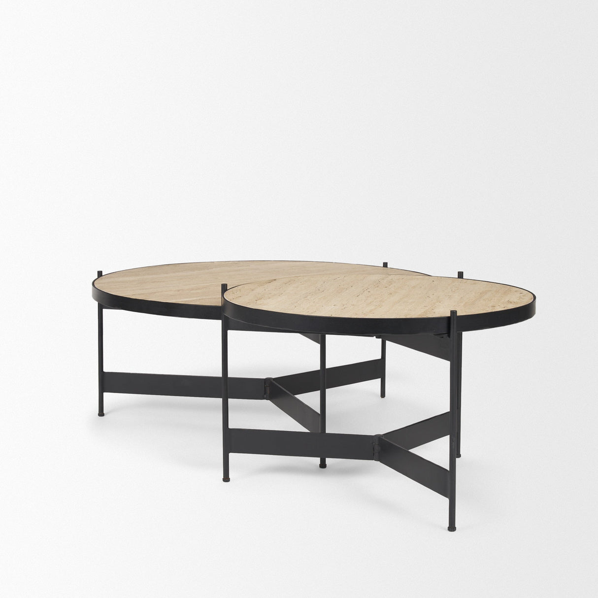 Wade Travertine Marble w/ Matte Black Metal Coffee Tables by Mercana at Eve Furniture