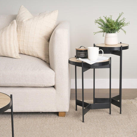 Wade Travertine Marble w/ Matte Black Metal End Tables by Mercana at Eve Furniture