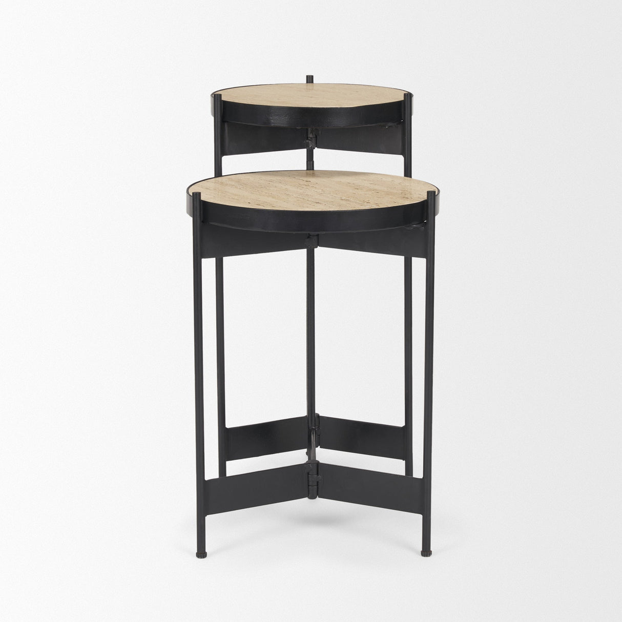 Wade Travertine Marble w/ Matte Black Metal End Tables by Mercana at Eve Furniture