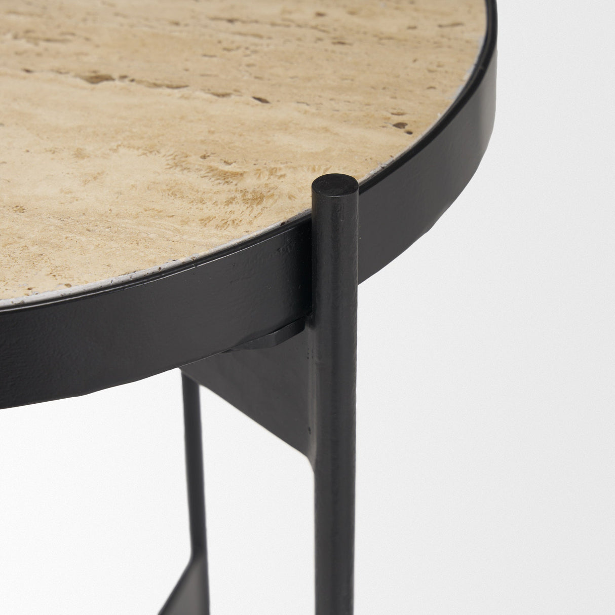 Wade Travertine Marble w/ Matte Black Metal End Tables by Mercana at Eve Furniture