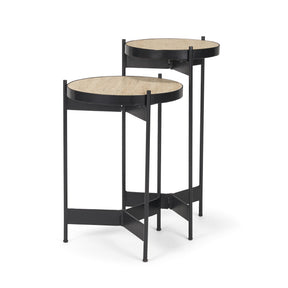 Wade Travertine Marble w/ Matte Black Metal End Tables by Mercana at Eve Furniture