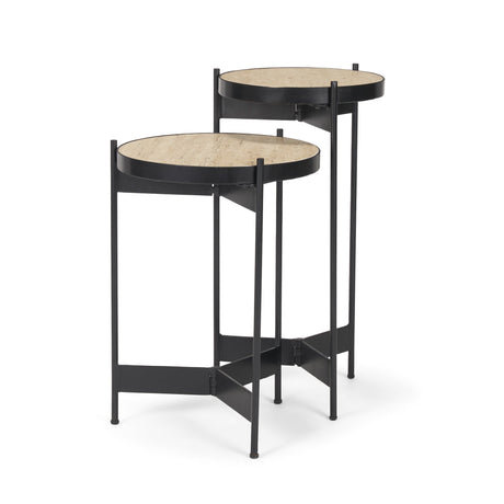 Wade Travertine Marble w/ Matte Black Metal End Tables by Mercana at Eve Furniture