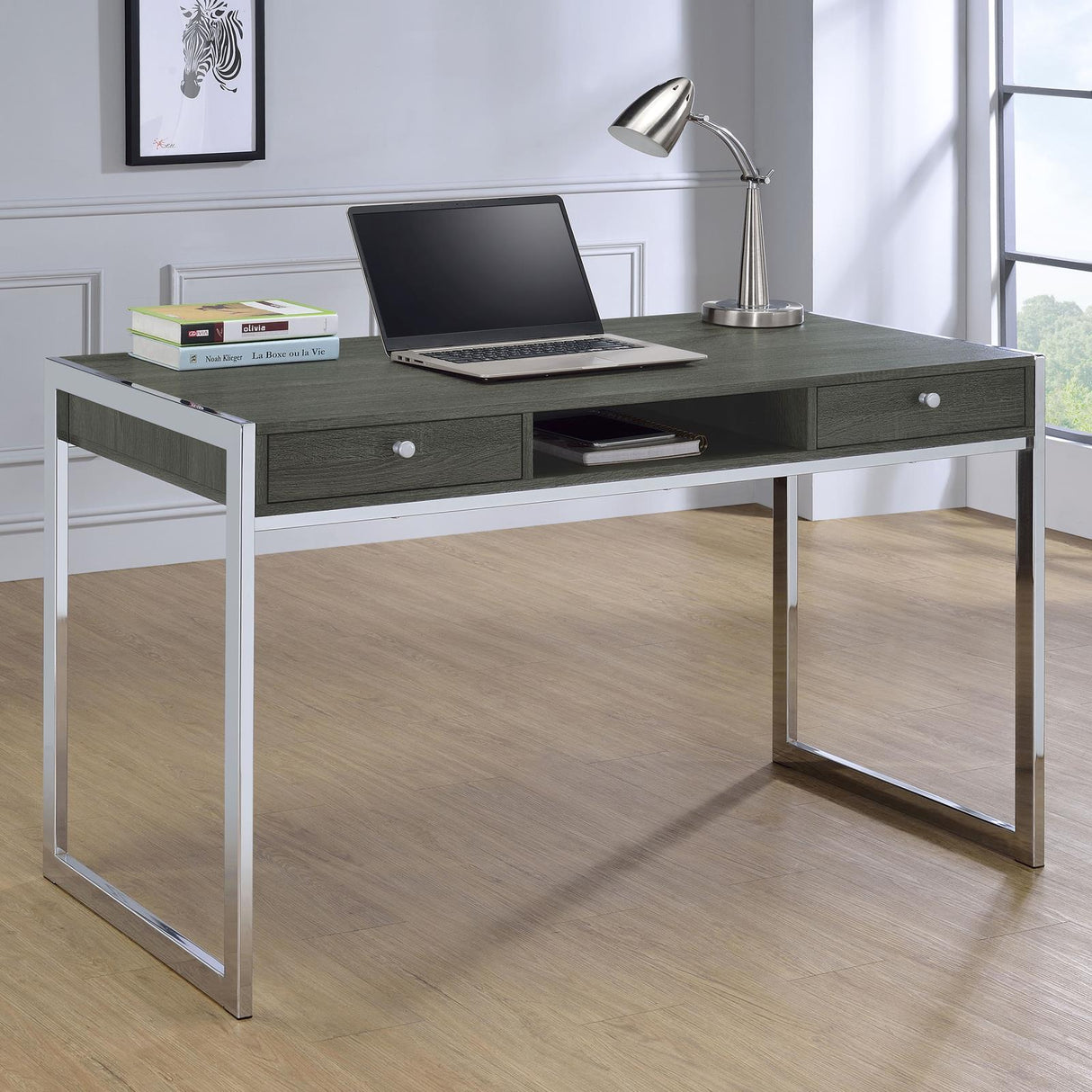 Wallice Weathered Gray/Chrome 2-Drawer Writing Desk