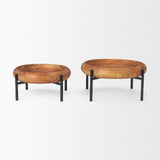 Wally Round Medium Brown Wood w/ Matte Black Metal Stand Trays by Mercana at Eve Furniture