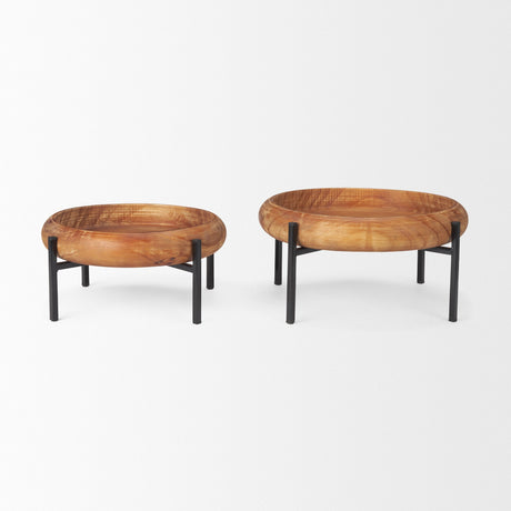 Wally Round Medium Brown Wood w/ Matte Black Metal Stand Trays by Mercana at Eve Furniture