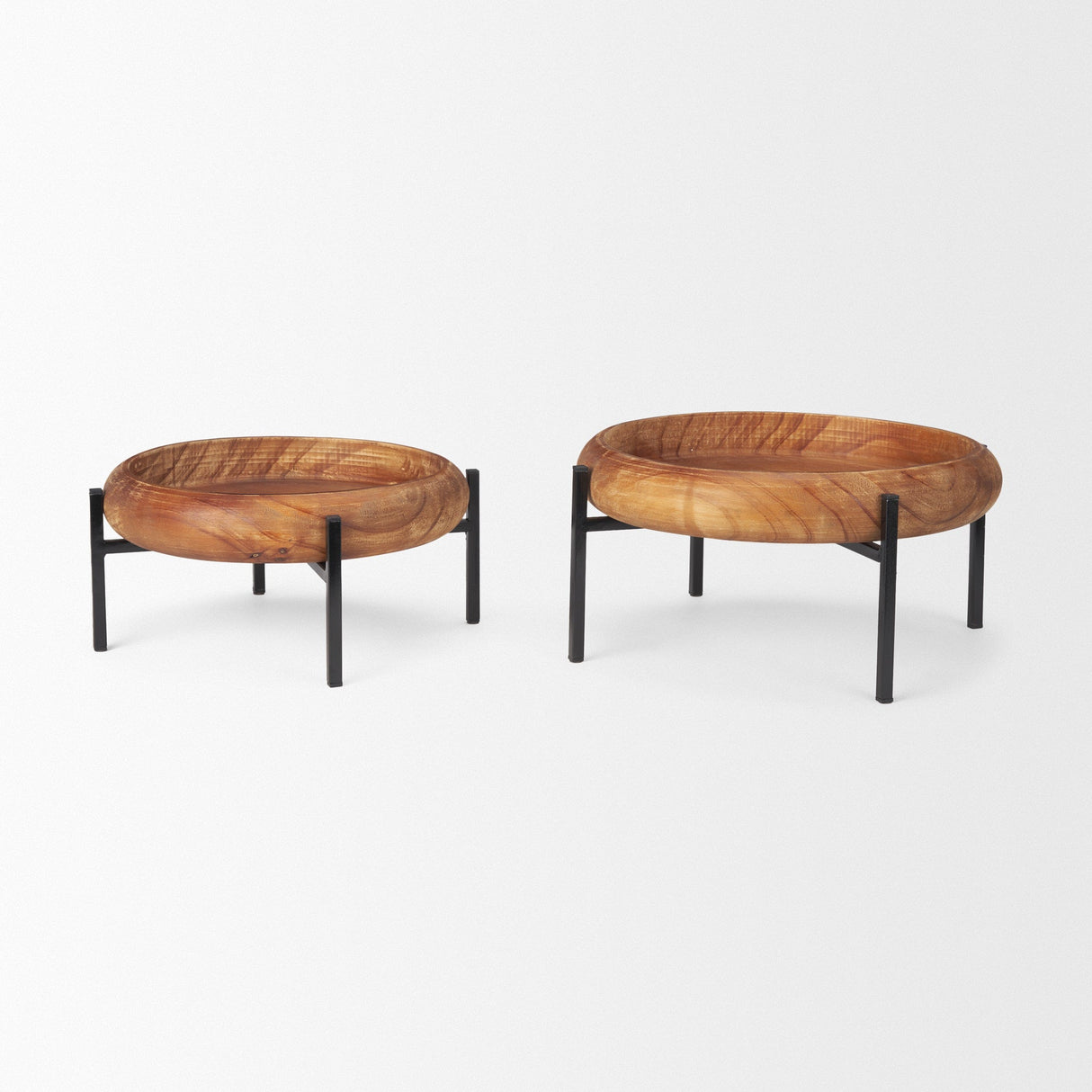 Wally Round Medium Brown Wood w/ Matte Black Metal Stand Trays by Mercana at Eve Furniture