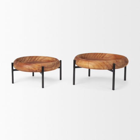 Wally Round Medium Brown Wood w/ Matte Black Metal Stand Trays by Mercana at Eve Furniture