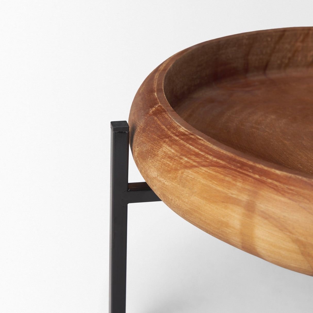 Wally Round Medium Brown Wood w/ Matte Black Metal Stand Trays by Mercana at Eve Furniture