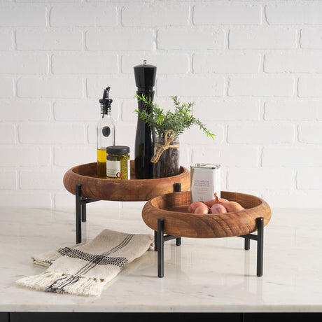 Wally Round Medium Brown Wood w/ Matte Black Metal Stand Trays by Mercana at Eve Furniture