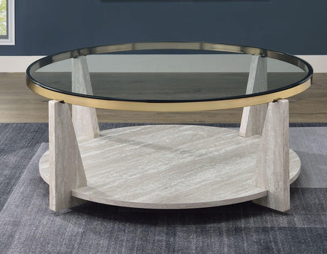 Wanda 42″ Round Glass Top Coffee Table with Casters by Steve Silver at Eve Furniture