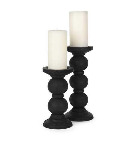 Wanda Matte Black Wood Pillar Candle Holders (Set of 2) by Mercana at Eve Furniture