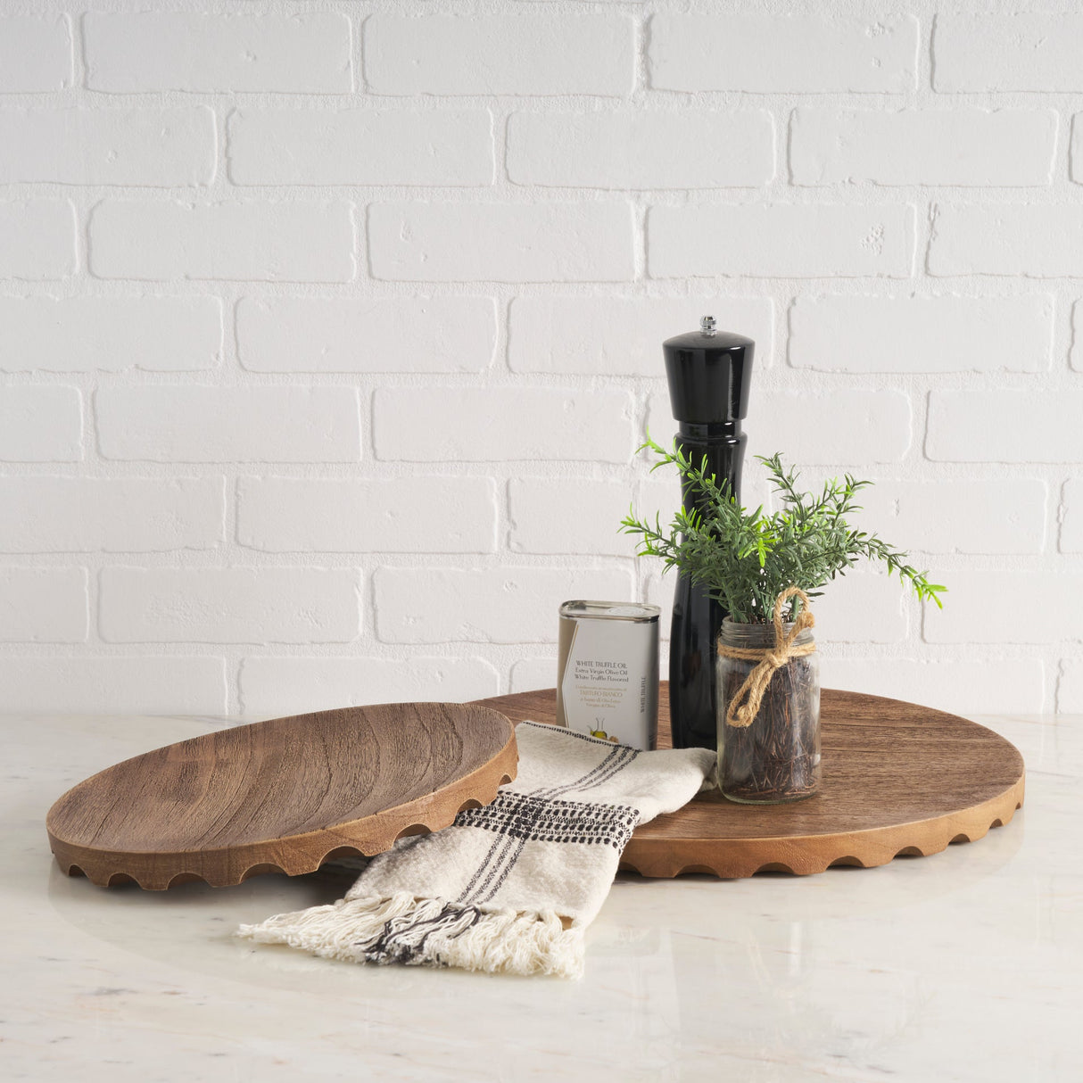 Waverly Round Light Brown Wood Scalloped Edged Trays by Mercana at Eve Furniture