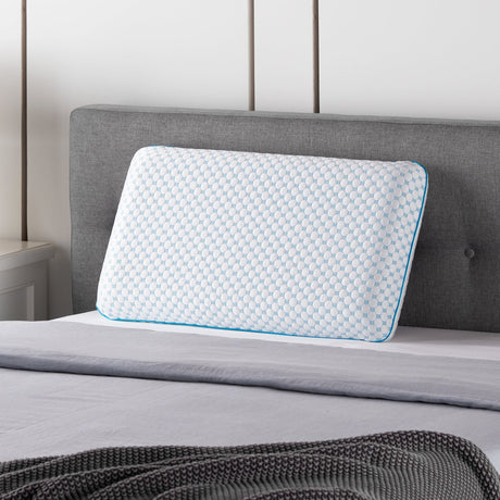 Weekender White/Blue Standard Gel Memory Foam Pillow + Reversible Cooling Cover by Malouf at Eve Furniture