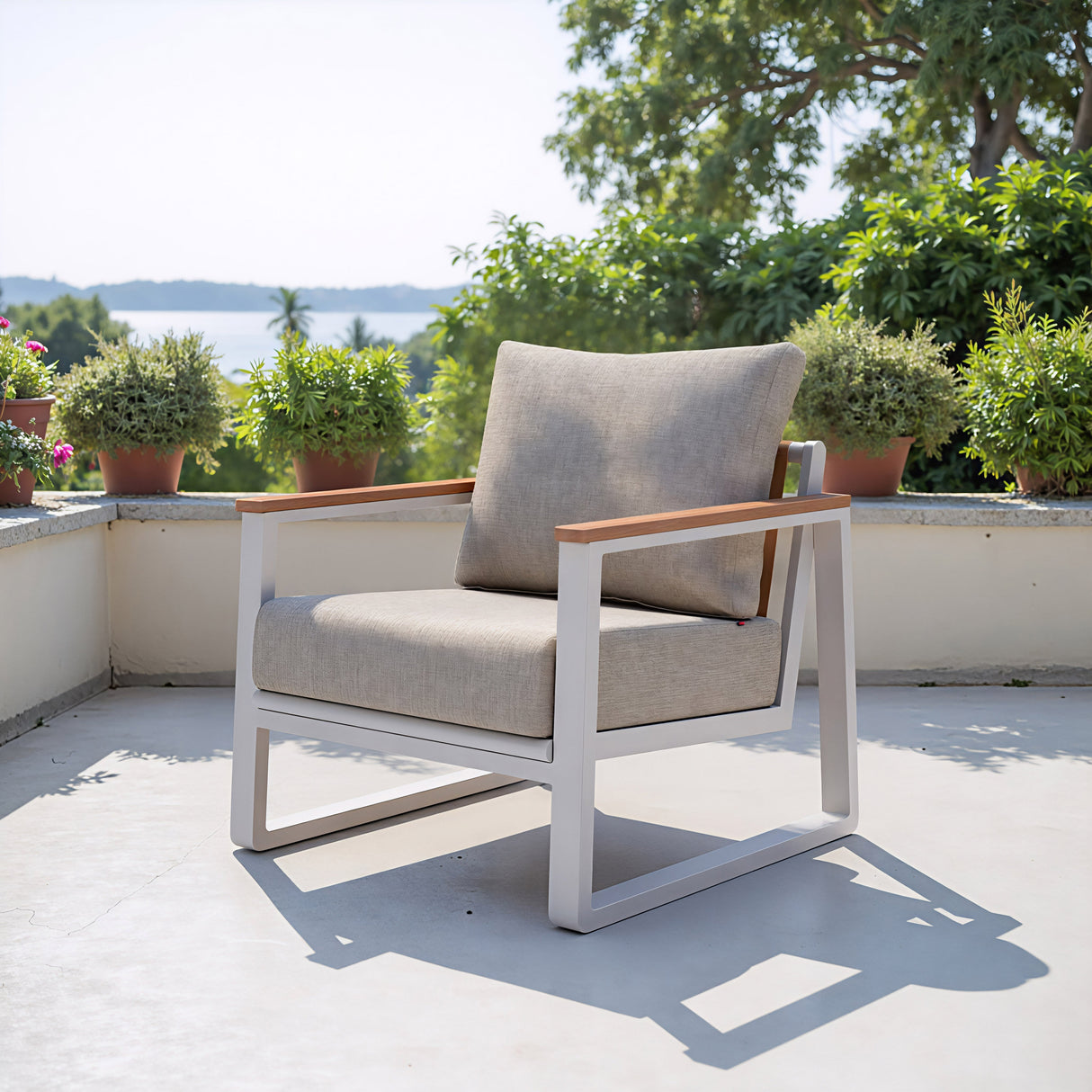 Welt Taupe & White Outdoor Armchair by Zuomod at Eve Furniture