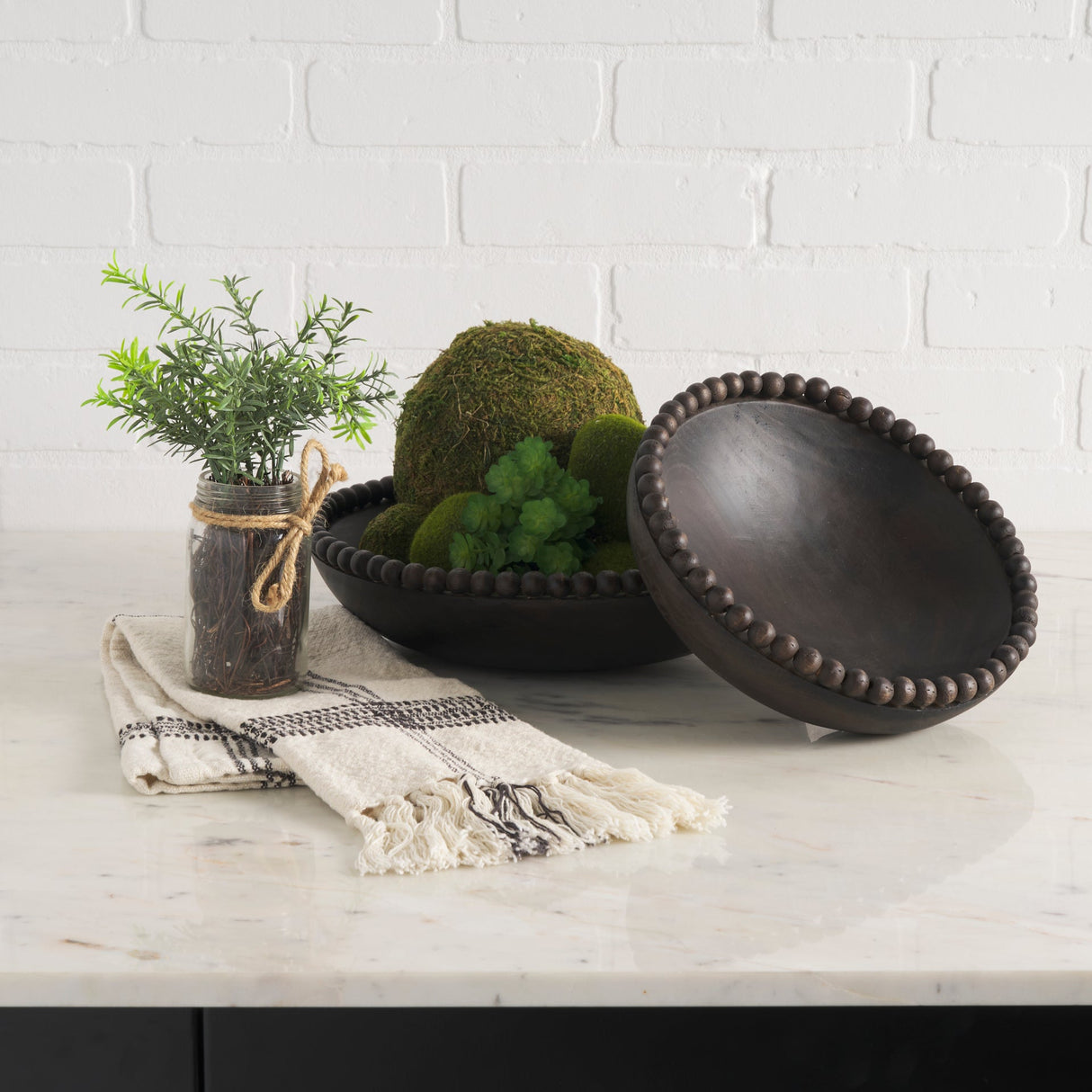 Wendell Dark Brown Wood w/ Wood Beads Round Bowls by Mercana at Eve Furniture
