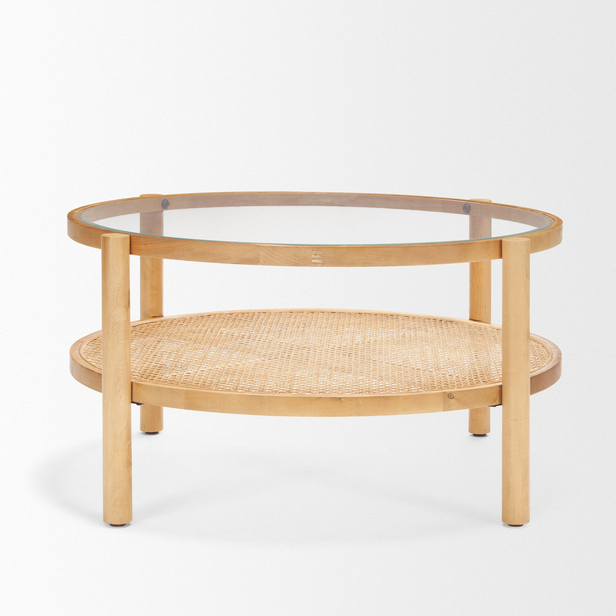 Weslyn Solid Light Brown Wood and Glass Top w/ Cane Coffee Table by Mercana at Eve Furniture