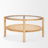 Weslyn Solid Light Brown Wood and Glass Top w/ Cane Coffee Table by Mercana at Eve Furniture