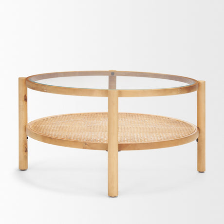 Weslyn Solid Light Brown Wood and Glass Top w/ Cane Coffee Table by Mercana at Eve Furniture