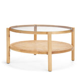 Weslyn Solid Light Brown Wood and Glass Top w/ Cane Coffee Table by Mercana at Eve Furniture