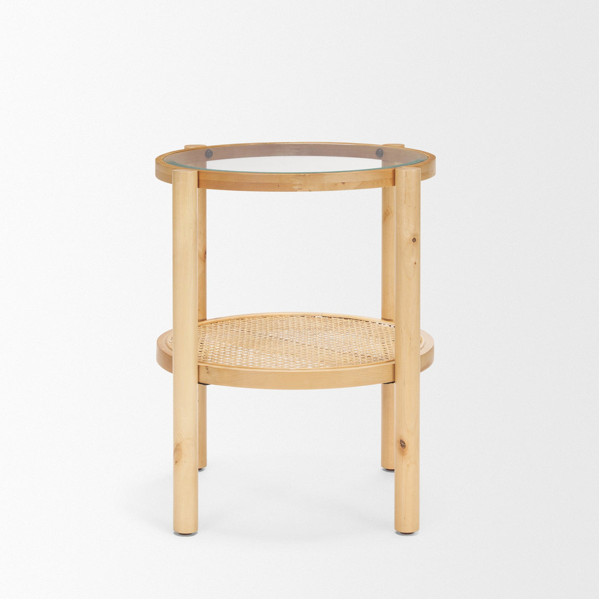 Weslyn Solid Light Brown Wood and Glass Top w/ Cane Side Table by Mercana at Eve Furniture