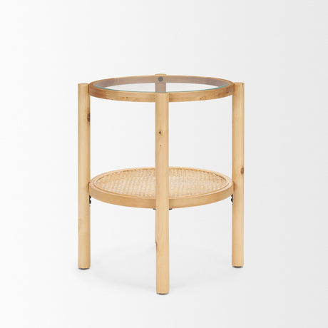 Weslyn Solid Light Brown Wood and Glass Top w/ Cane Side Table by Mercana at Eve Furniture