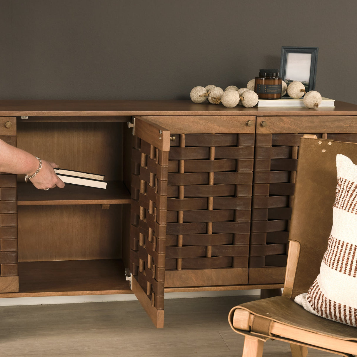 Wexlan Solid Wood w/ Leather Weave 4 Door Closed Sideboard by Mercana at Eve Furniture
