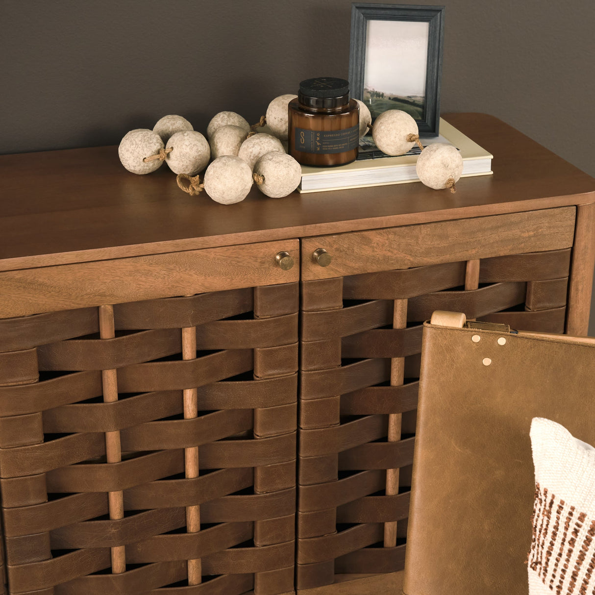 Wexlan Solid Wood w/ Leather Weave 4 Door Closed Sideboard by Mercana at Eve Furniture
