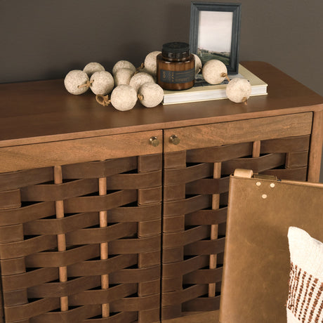 Wexlan Solid Wood w/ Leather Weave 4 Door Closed Sideboard by Mercana at Eve Furniture