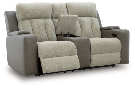 WhipLash Sisal Power Reclining Loveseat with Console by Ashley at Eve Furniture