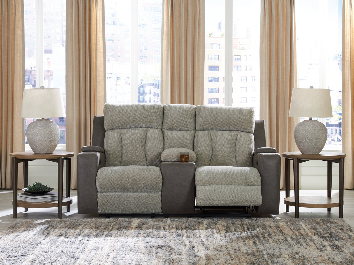 WhipLash Sisal Power Reclining Loveseat with Console by Ashley at Eve Furniture