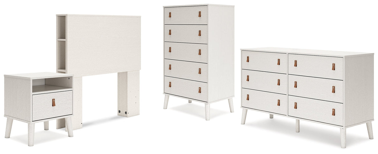 Aprilyn Twin Bookcase Headboard with Dresser, Chest and Nightstand in White