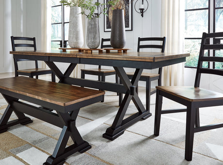 Wildenauer Dining Table and 6 Chairs and Bench in Brown/Black by Ashley at Eve Furniture